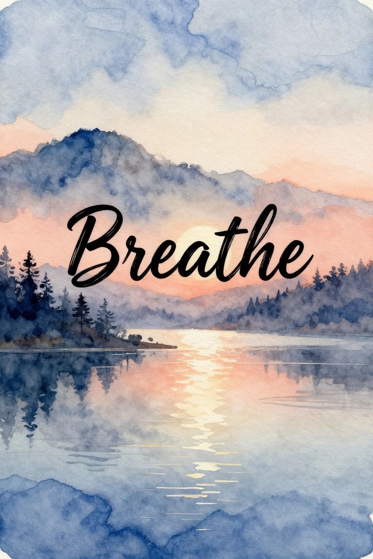 Watercolor landscape of misty mountains and lake at sunset with Breathe text overlay