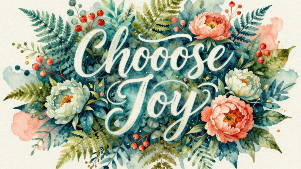 Cursive "Choose Joy" text amid pink peonies, red berries, and green ferns in watercolor style