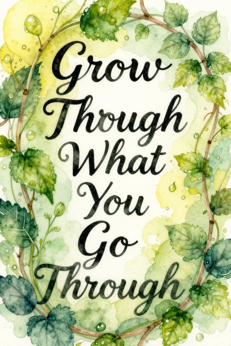 Green leafy vines frame the quote Grow Through What You Go Through in watercolor style