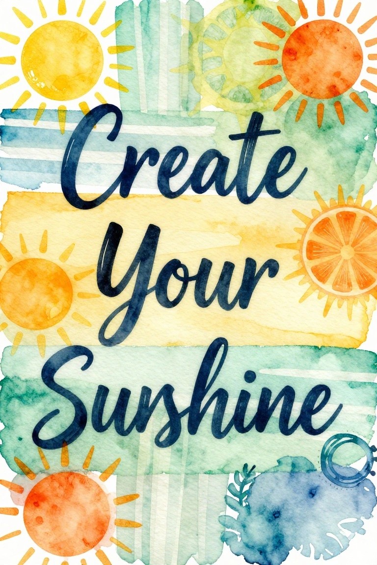 Vibrant watercolor design with suns and handwritten text reading Create Your Sunshine