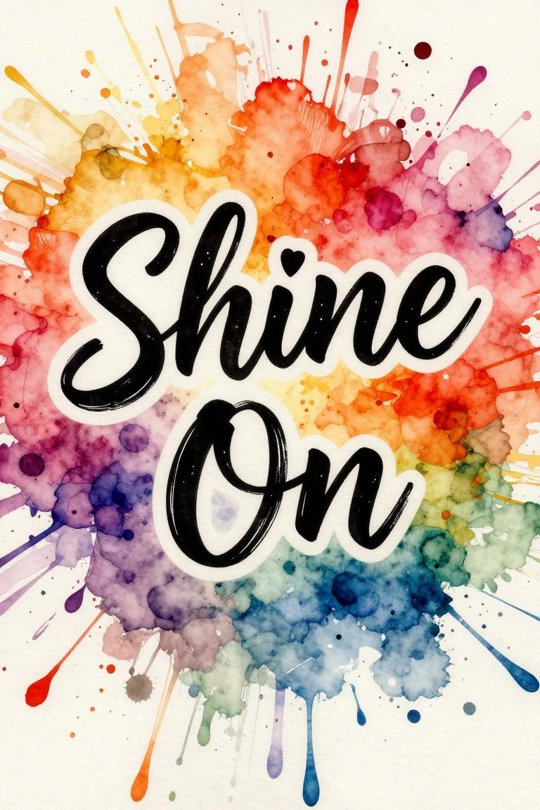 Shine On in black cursive over vibrant rainbow watercolor splashes and drips