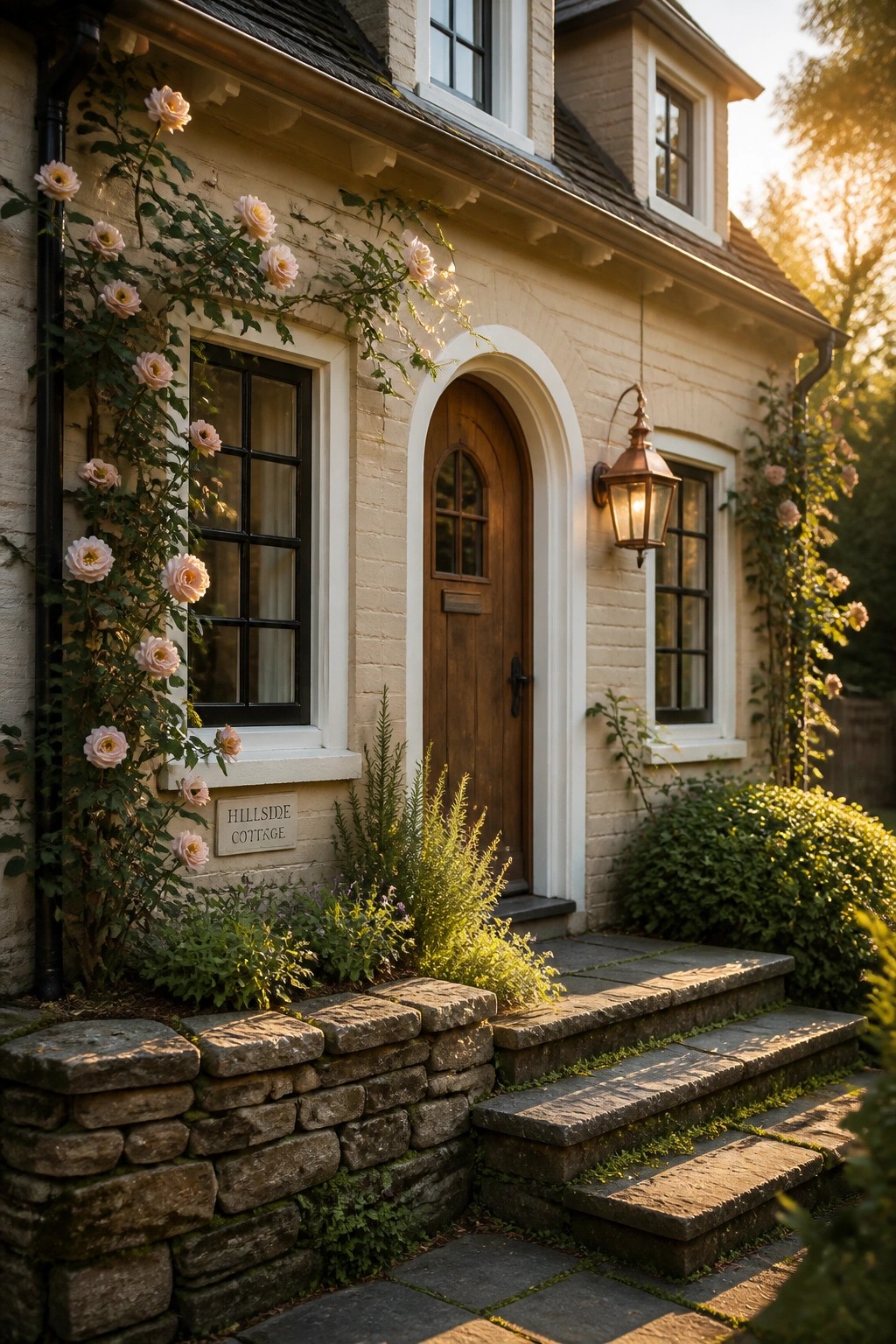 Charming hillside cottage entrance with pink climbing roses, arched door, and stone steps.