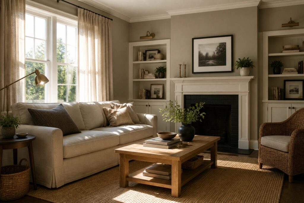 24 Crisp Neutral Paint Colors With White Trim for Clean Contrast and Classic Detail A living room with soft greige walls and white trim around the fireplace.
