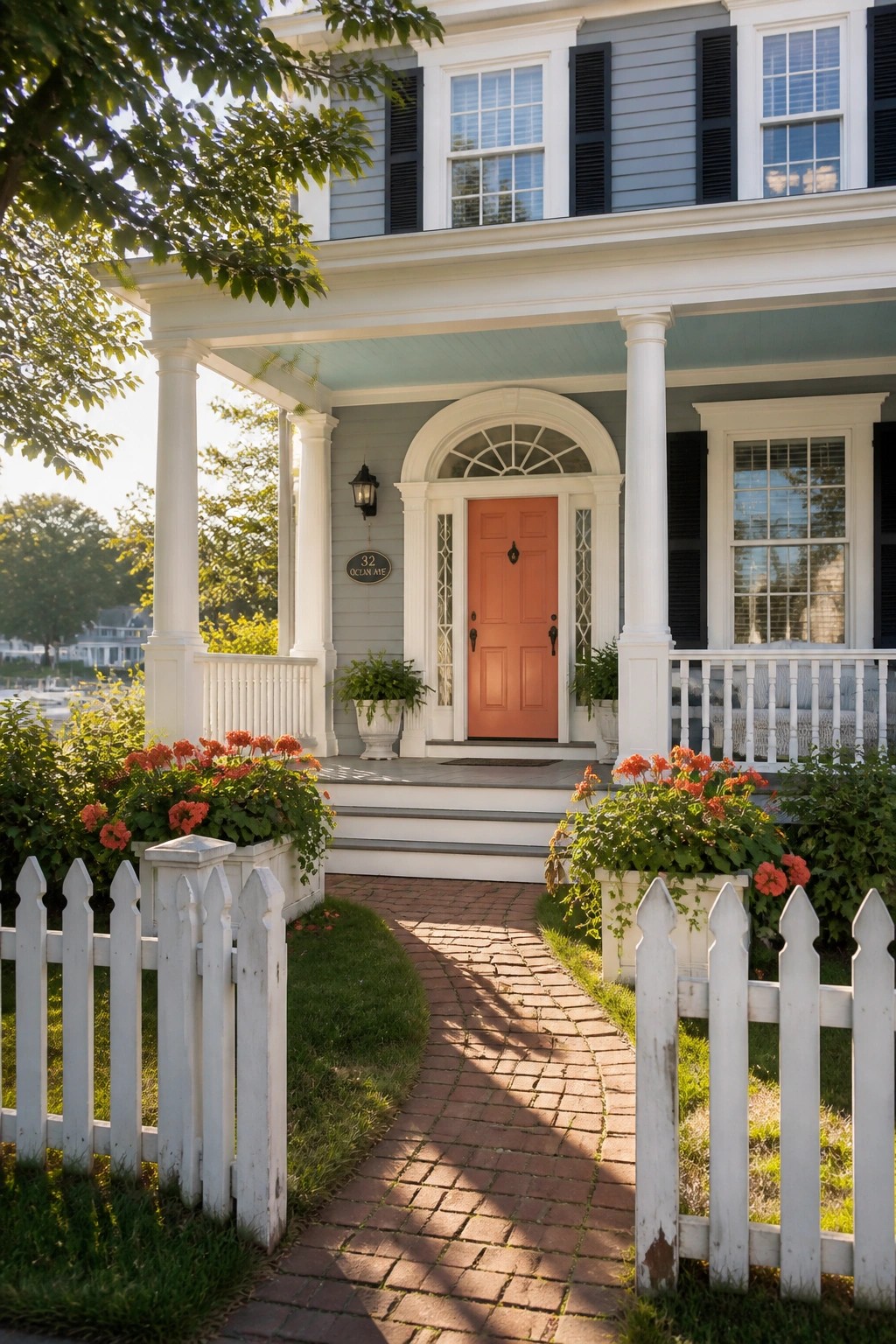 A house exterior painted in light blue gray with white trim and columns.