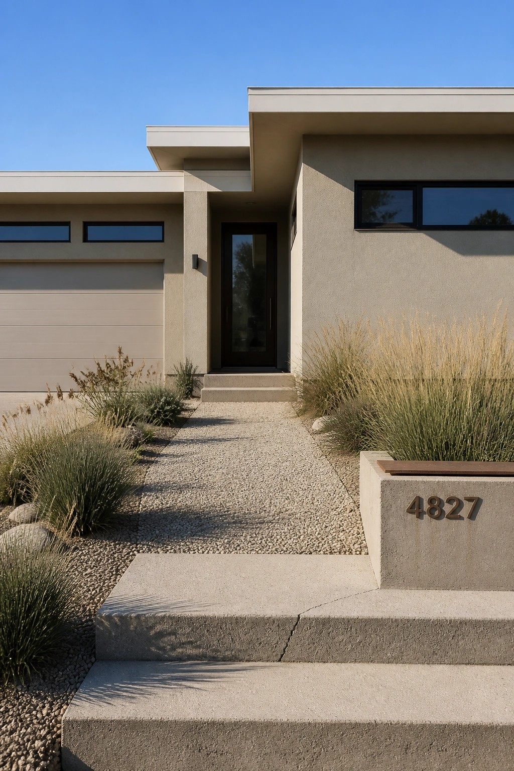 Modern house exterior finished in a light warm greige neutral.