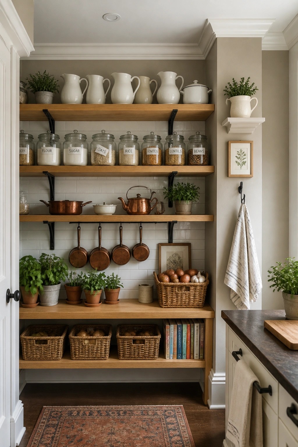 Organized wooden pantry shelves with labeled jars, copper pots, baskets, and plants.