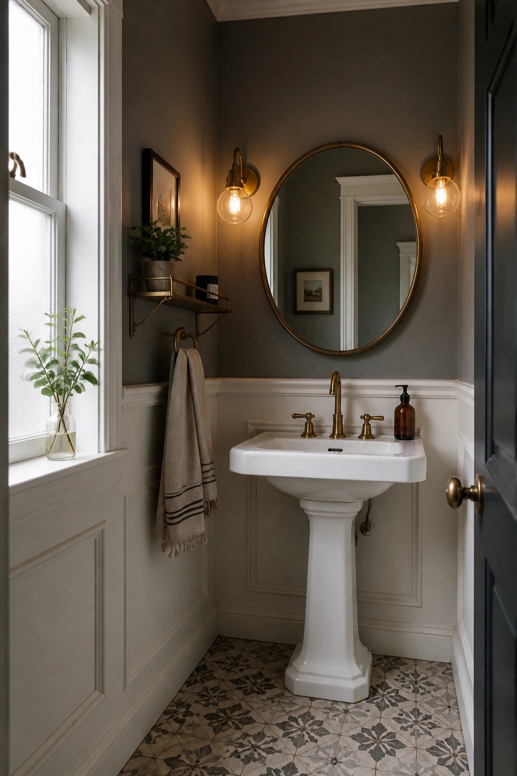 A bathroom with muted gray walls above white wainscoting and a white pedestal sink.