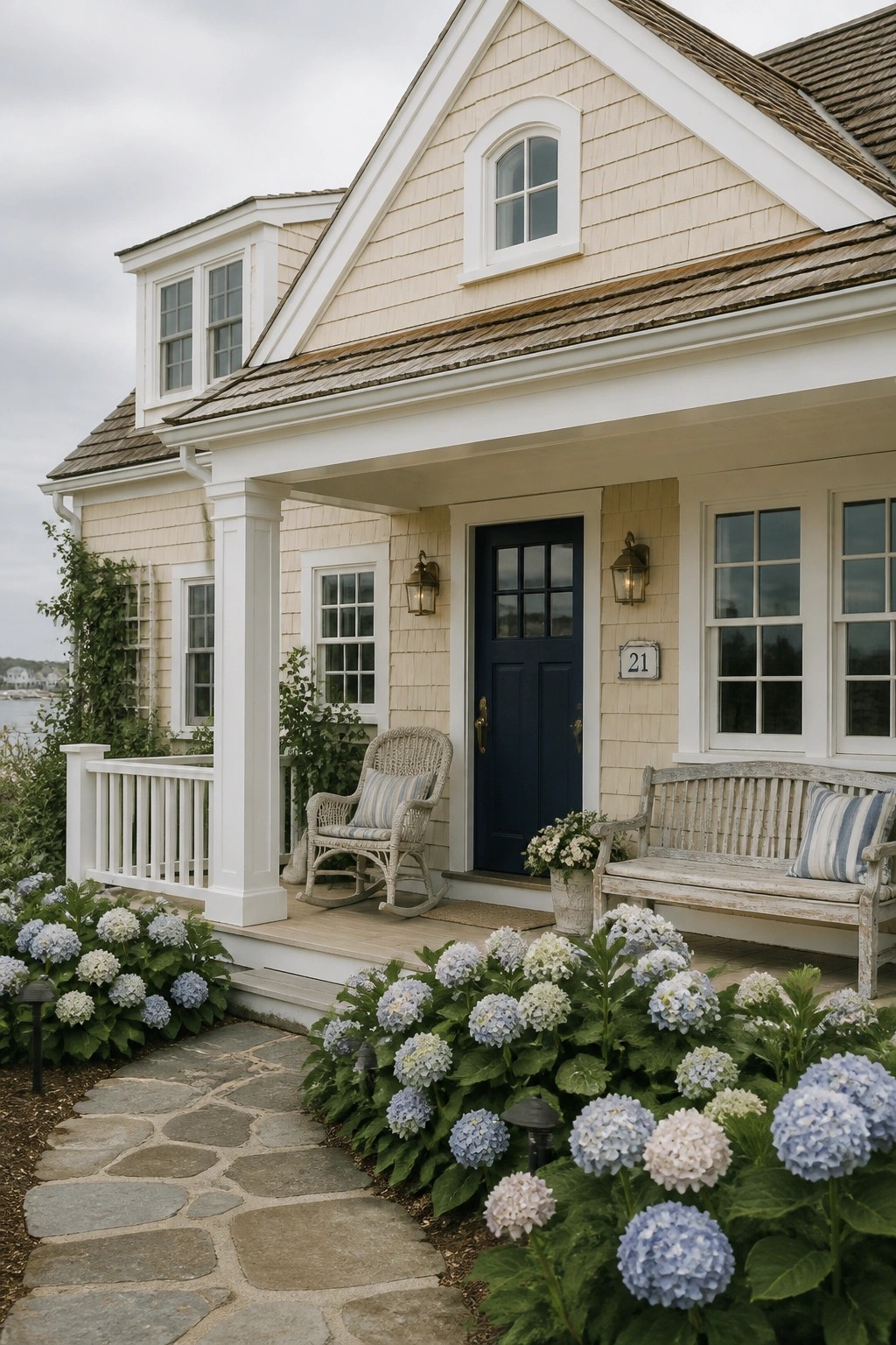 A house exterior with soft beige siding and white trim on the porch.