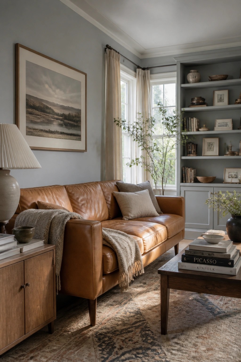 Living room walls painted in a soft blue gray with white trim.