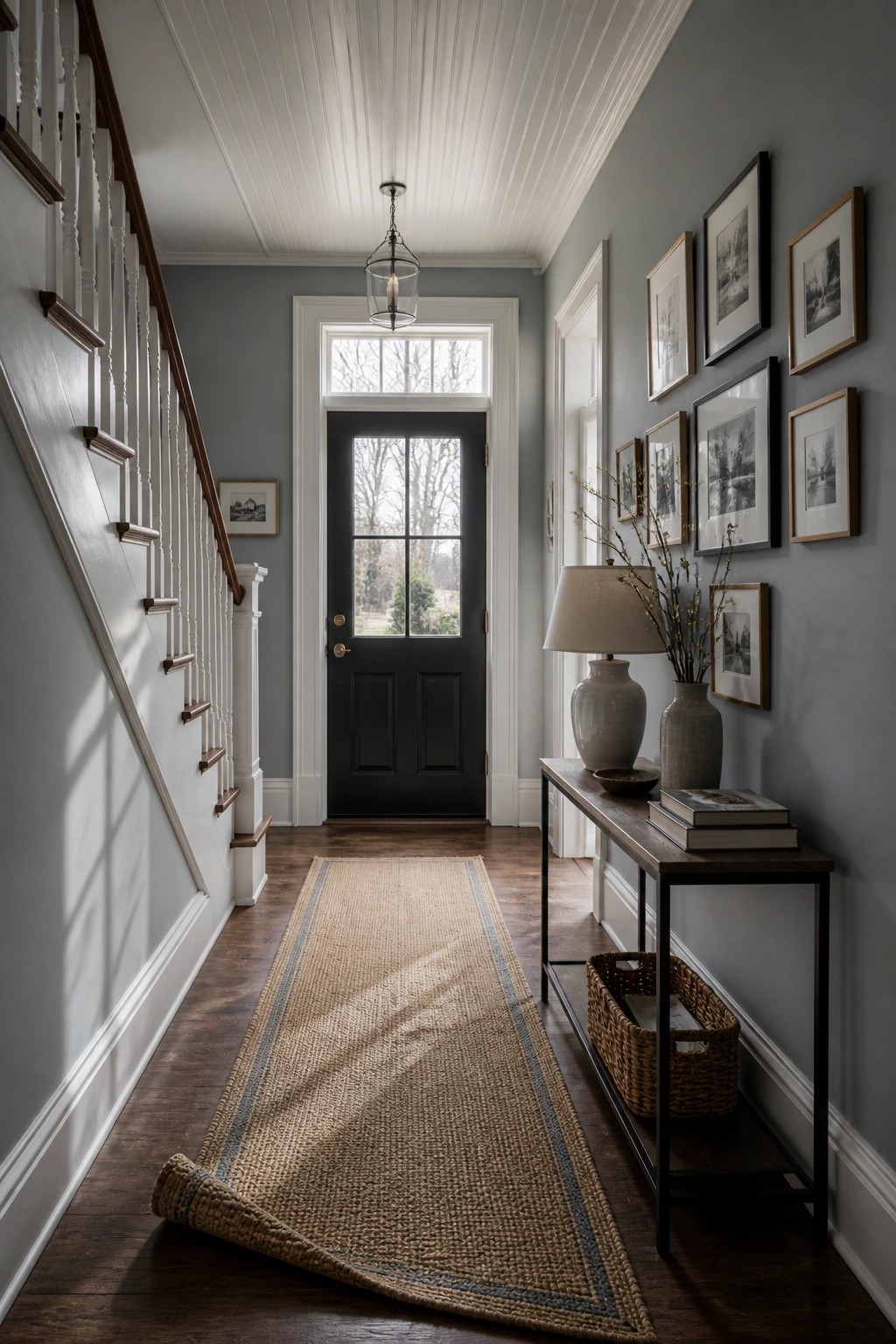 A hallway with soft blue gray walls, white trim, and a dark front door.