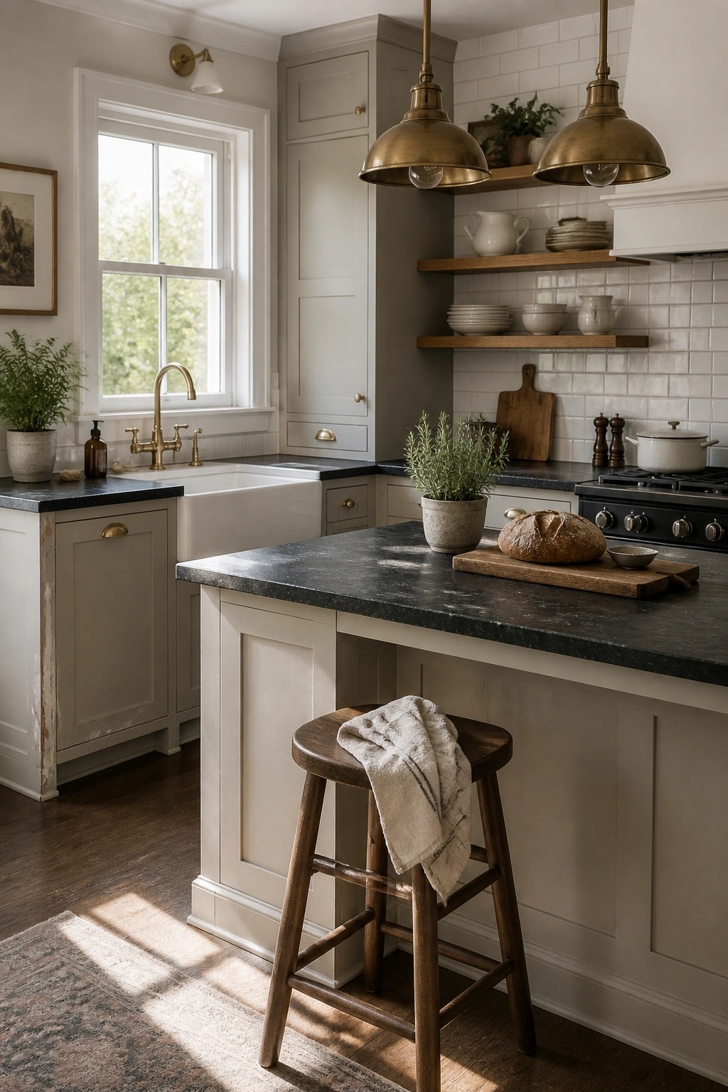 Kitchen with soft greige cabinets, white trim, and a dark countertop island.