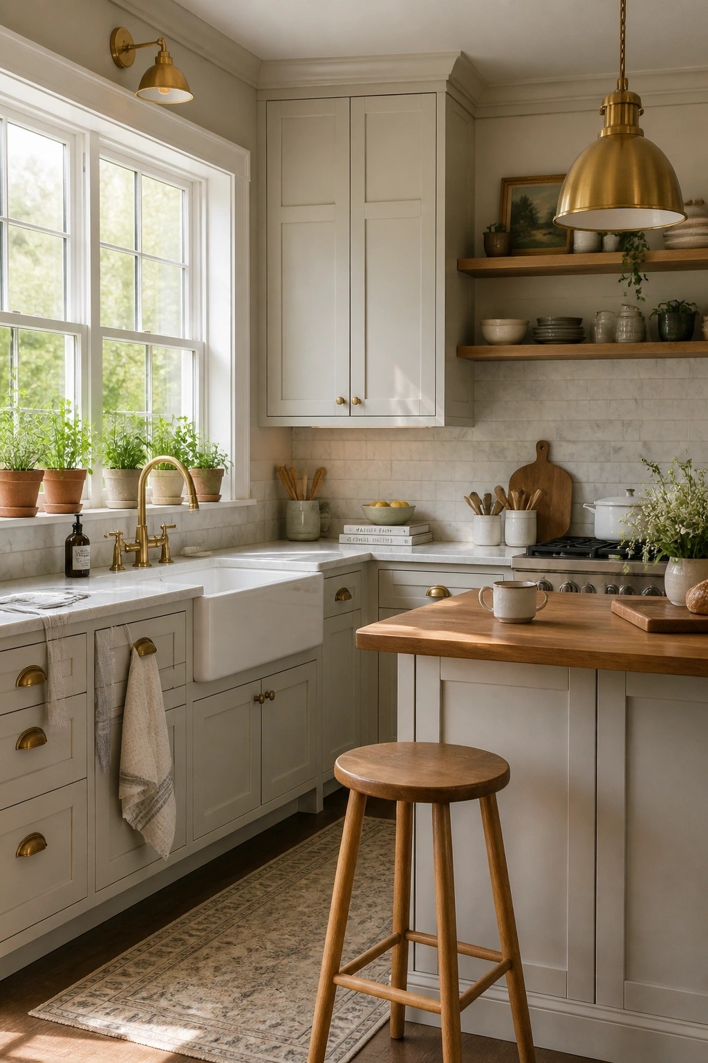 Light greige cabinets with white trim in a kitchen setting.