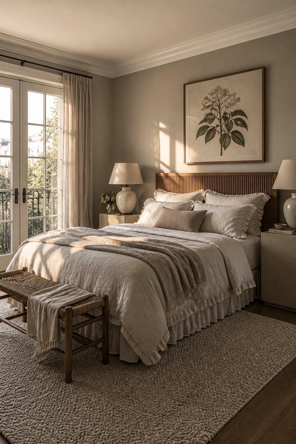 A bedroom with soft greige walls and a wooden bed frame.