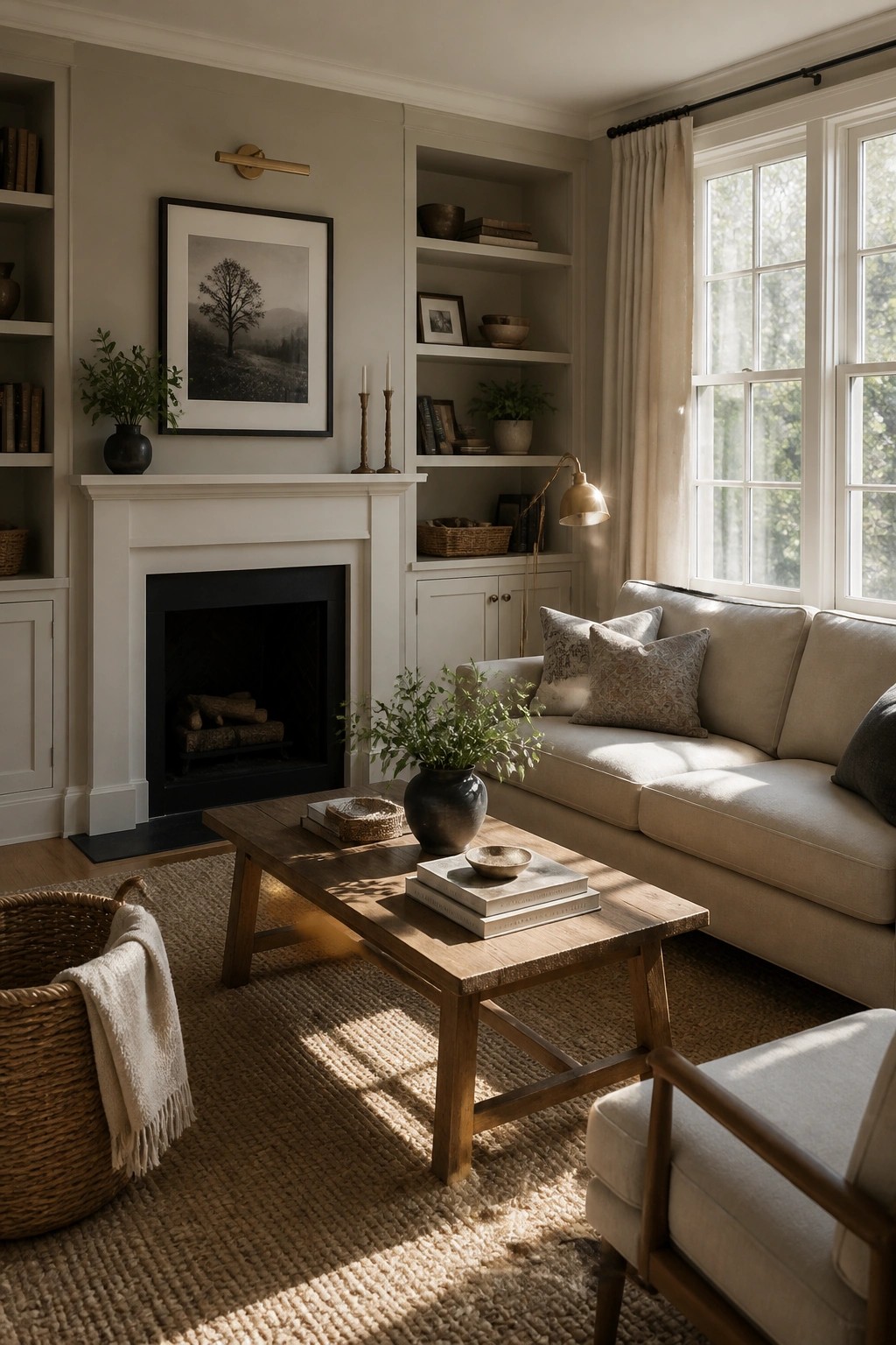 A living room with soft greige walls and white trim around the fireplace.