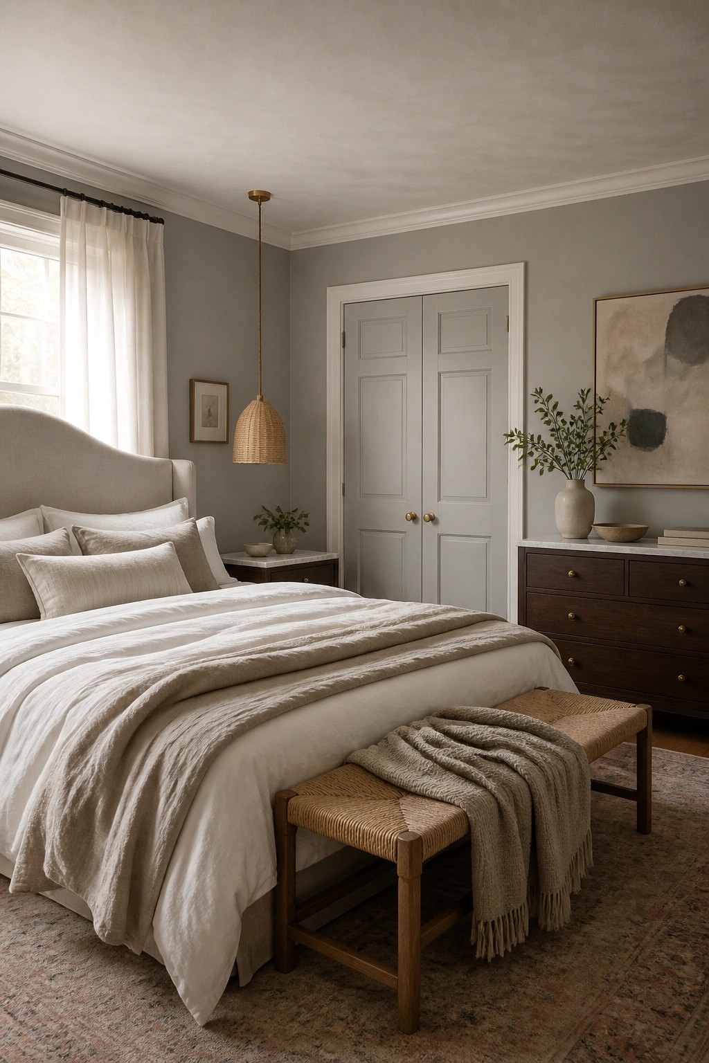 Soft muted sage gray walls with white trim in a bedroom.