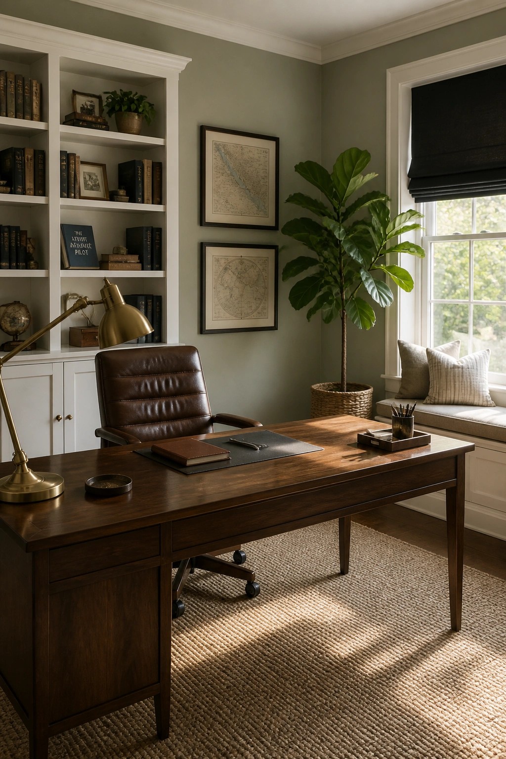 A home office with soft sage green walls, white built-in shelves, and a wooden desk.