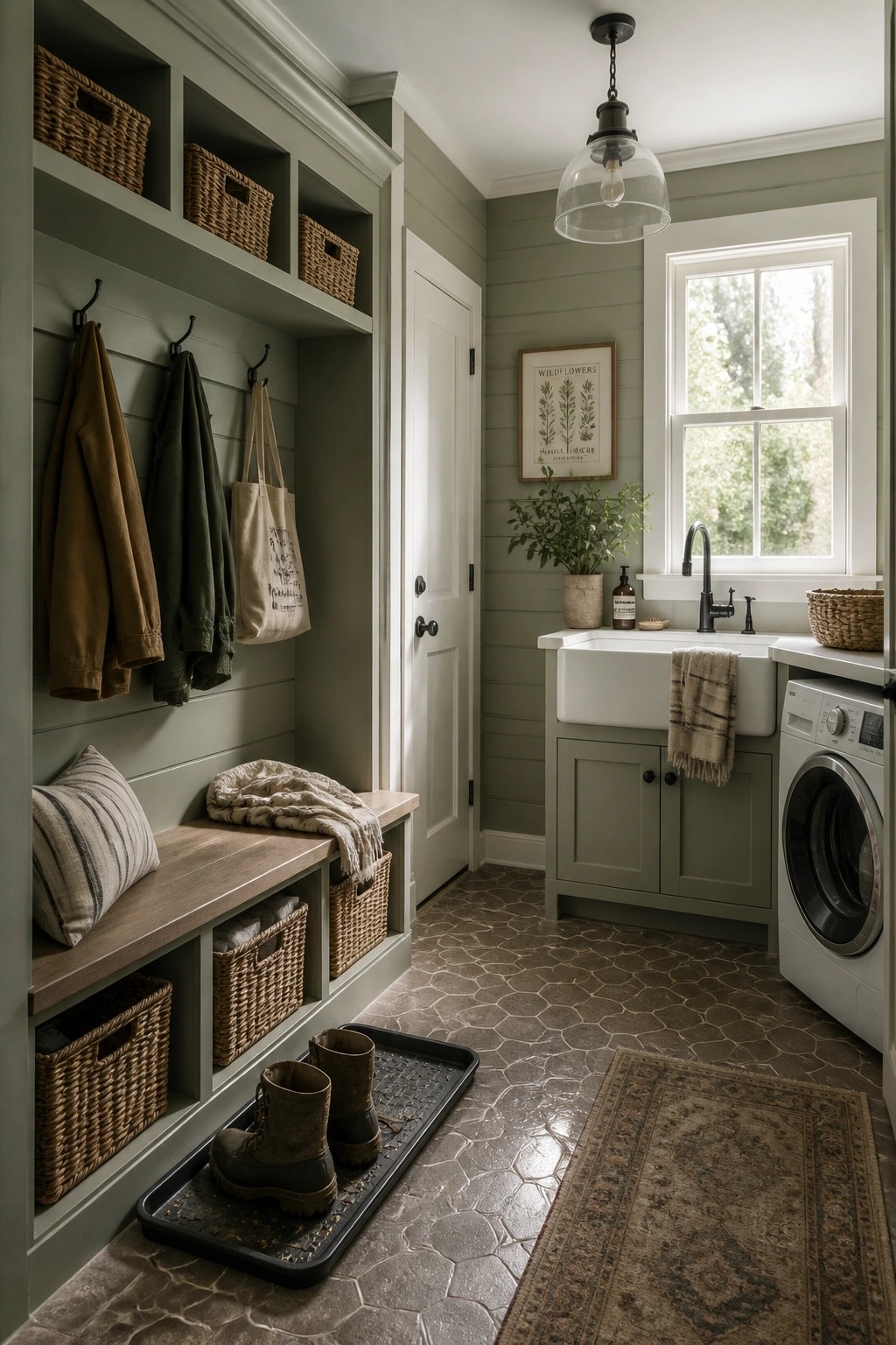 A mudroom with soft sage green walls and white trim.