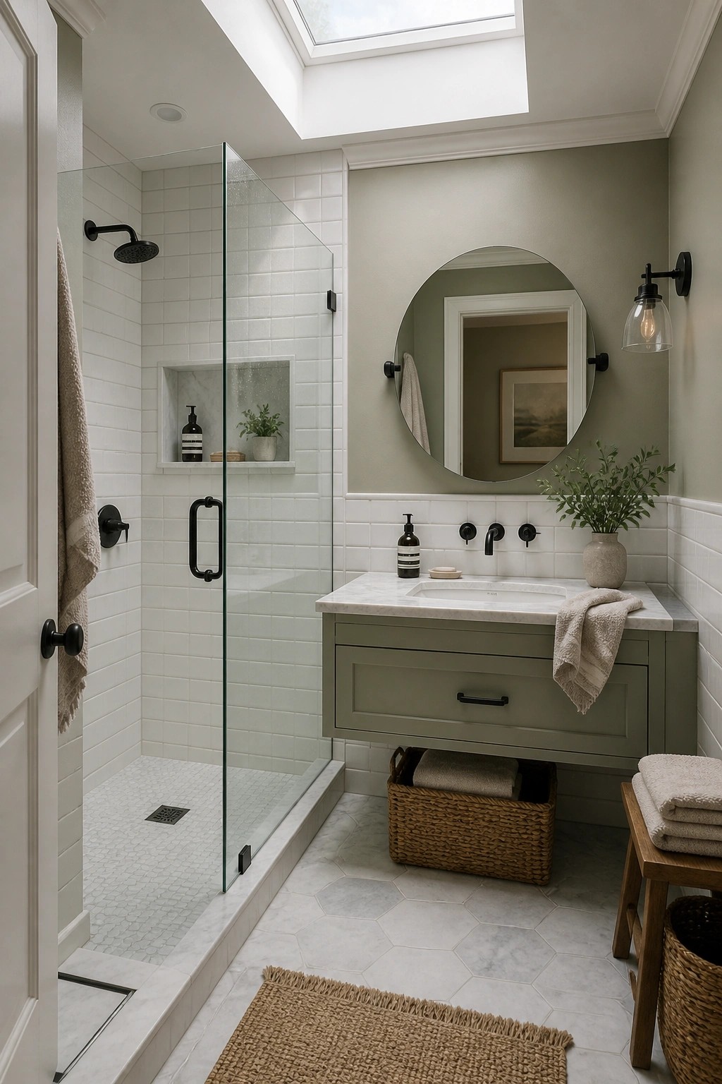 Bathroom interior with soft sage green walls, white trim, and a marble vanity.
