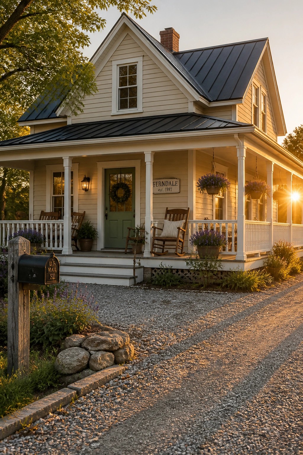 A house exterior with light warm neutral siding and white trim.
