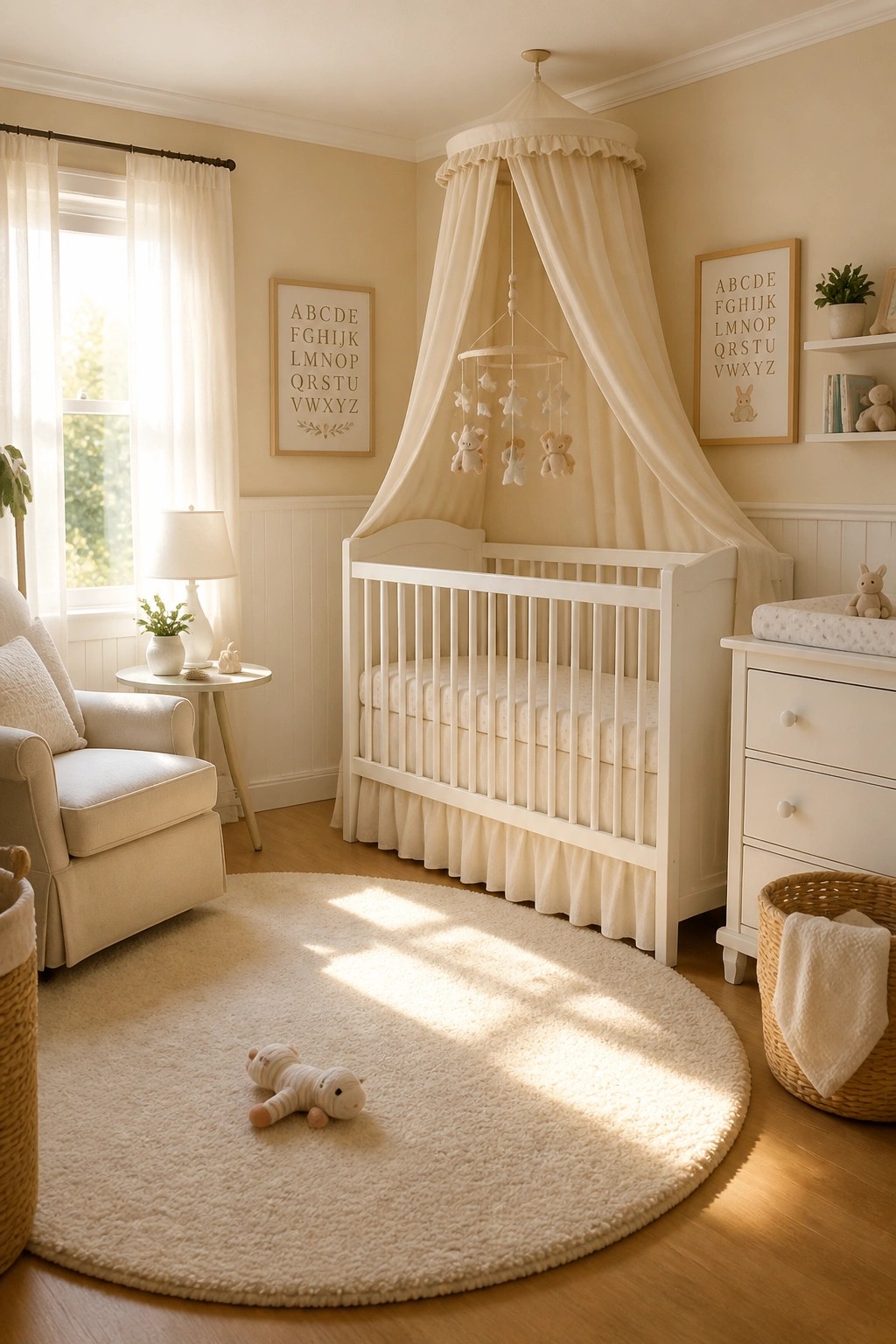 Warm beige walls with white trim in a sunlit nursery.