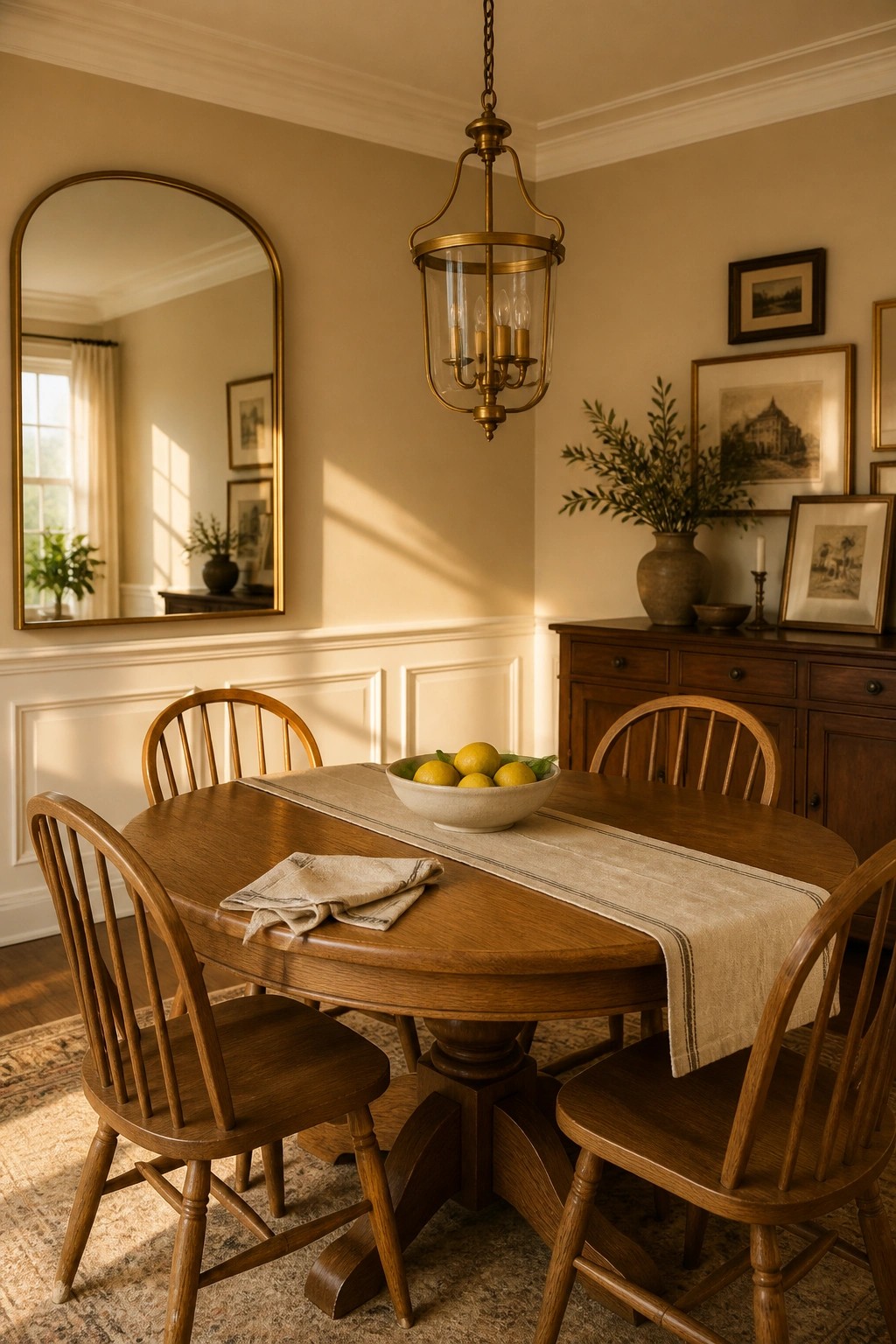 Round wooden table with lemon bowl, spindle chairs, and brass chandelier in sunlit room