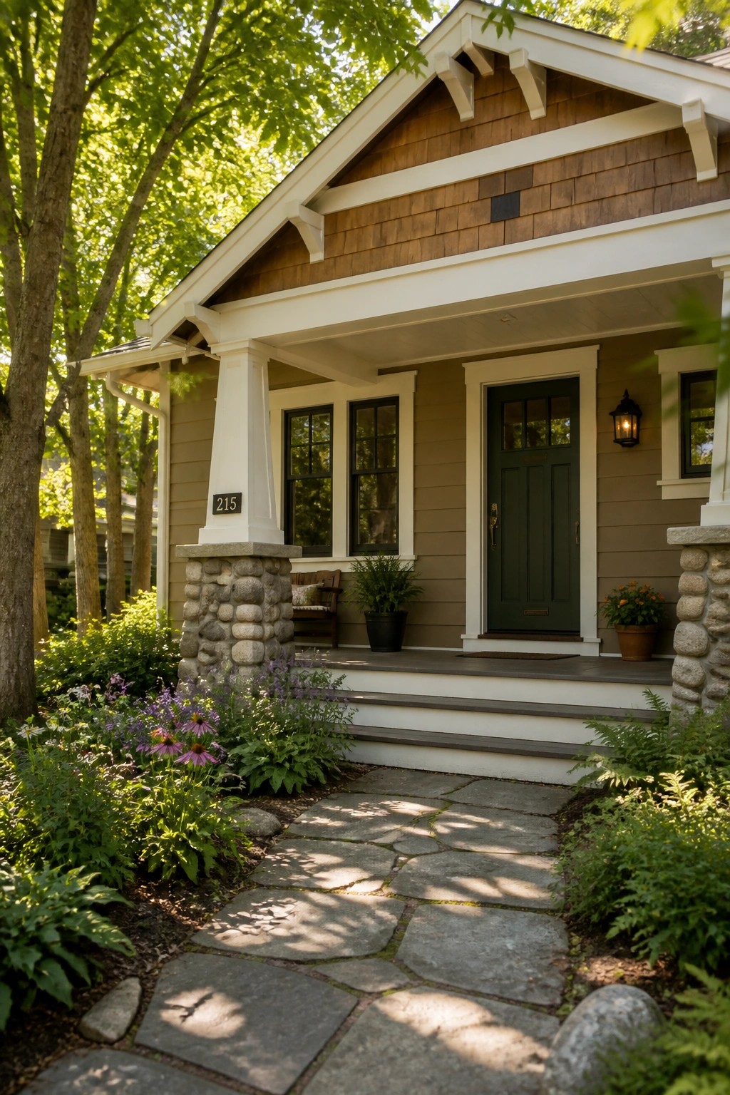 A house exterior painted in warm greige with white trim and stone accents.