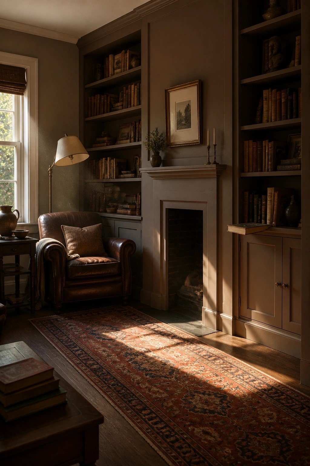 Warm greige walls with white trim around the fireplace and built-in shelves.