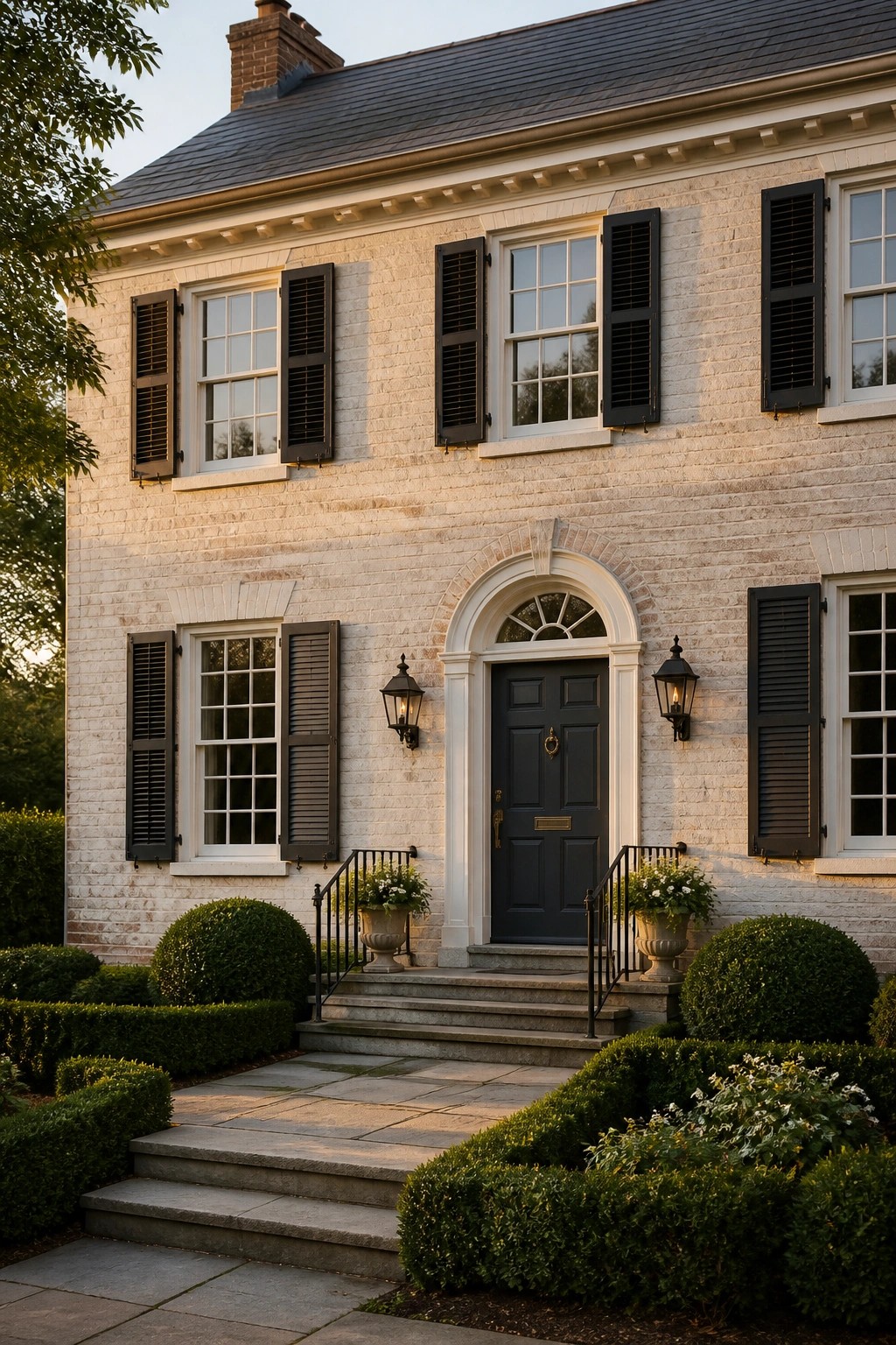 A brick house exterior painted in a warm off-white neutral with white trim.