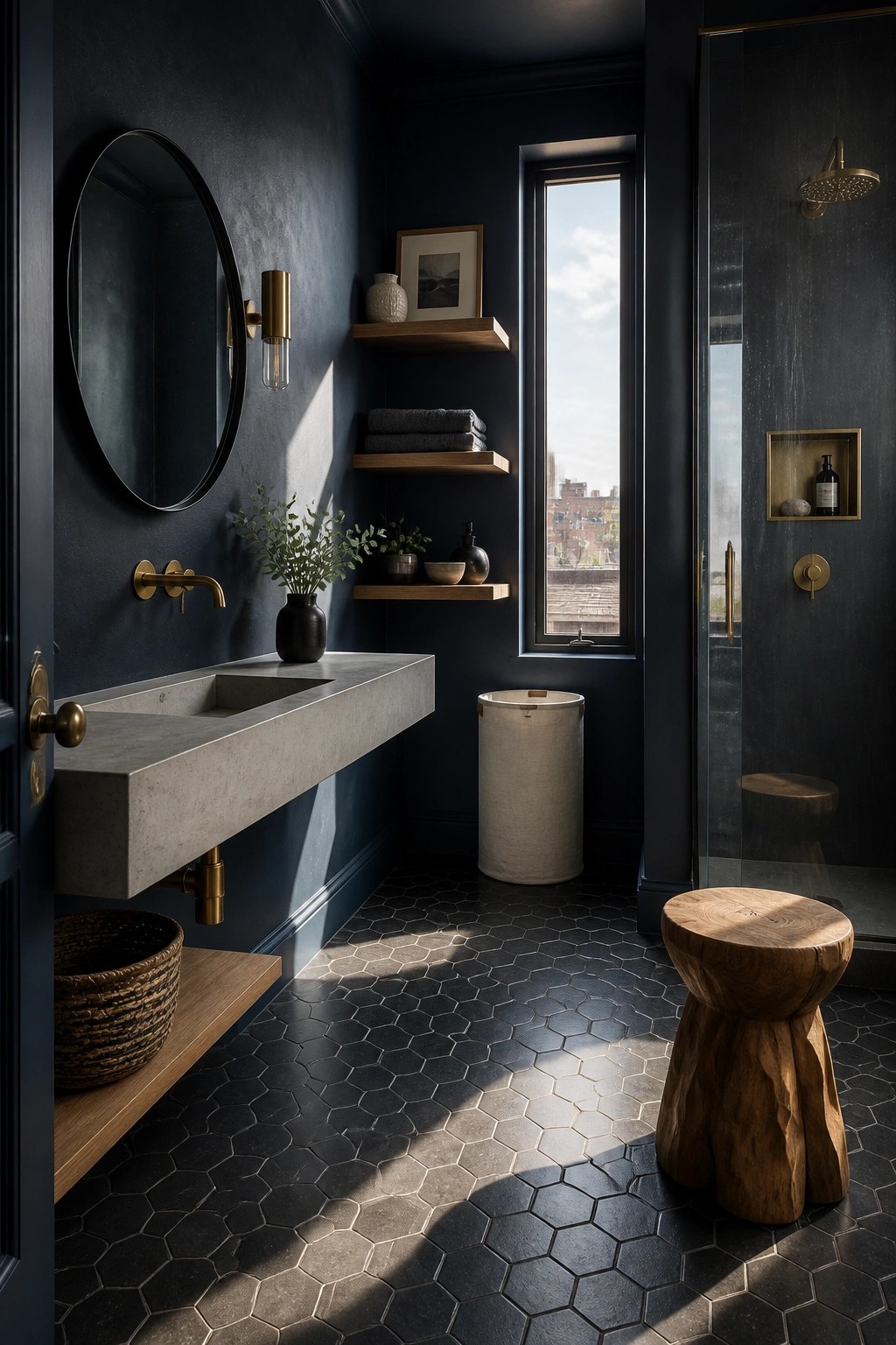 Dark navy walls in a bathroom with a floating concrete sink and wood details.