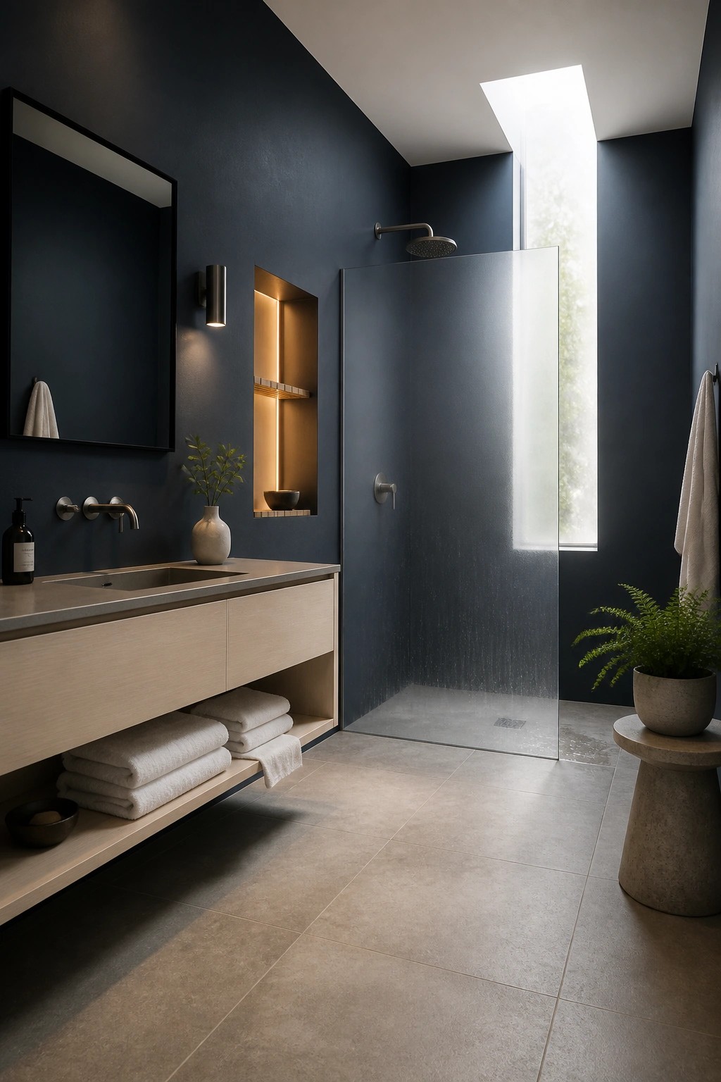 Dark navy walls in a bathroom with a light wood vanity and open shower area.