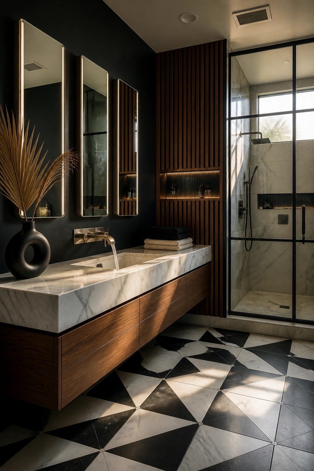 A bathroom with deep black walls and a floating marble vanity.