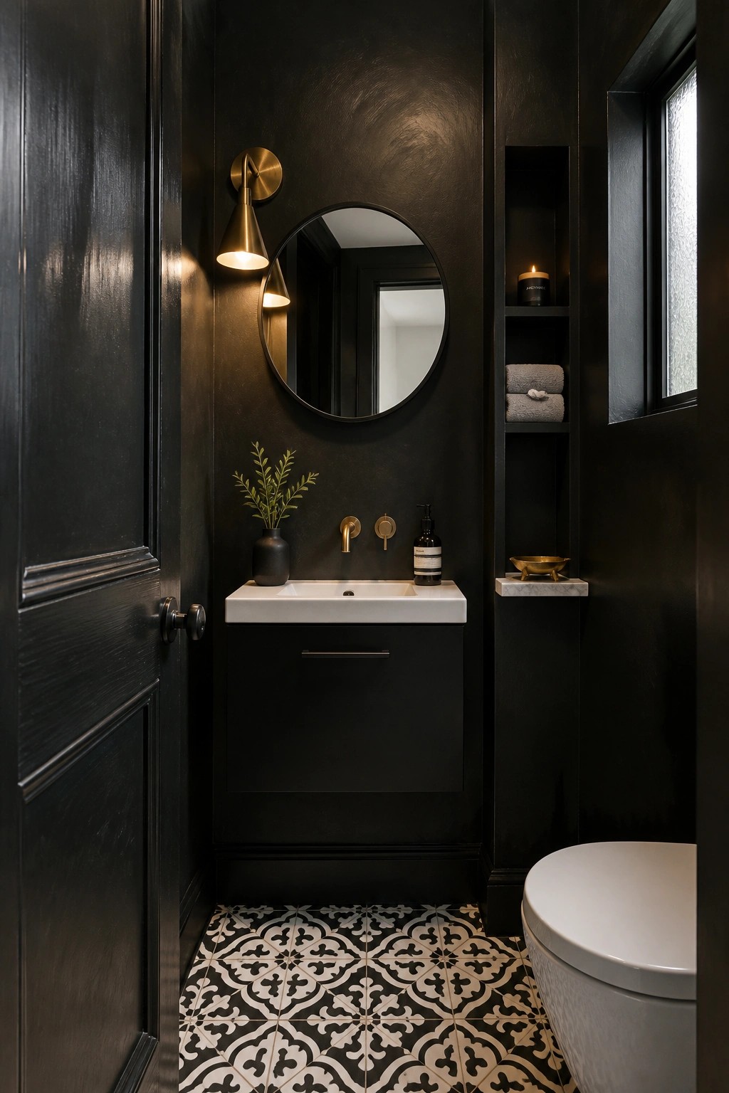 Dark modern bathroom with white sink, round mirror, brass sconce, and patterned tiles.