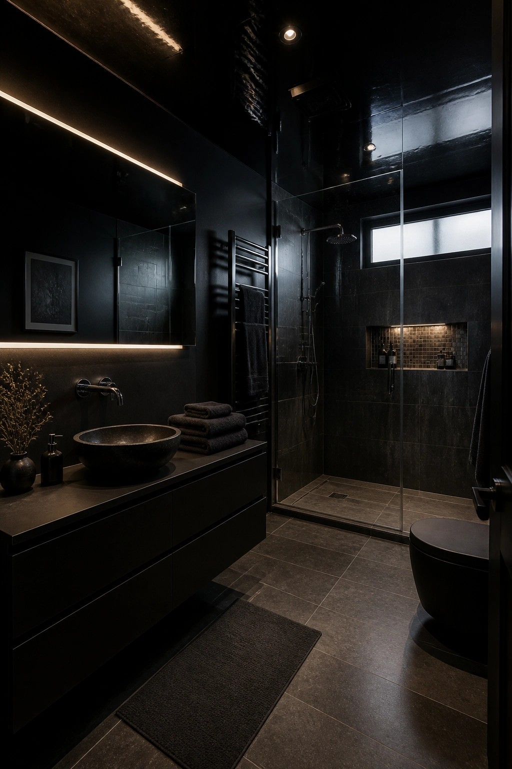 A bathroom with deep black painted walls and dark tiled surfaces.