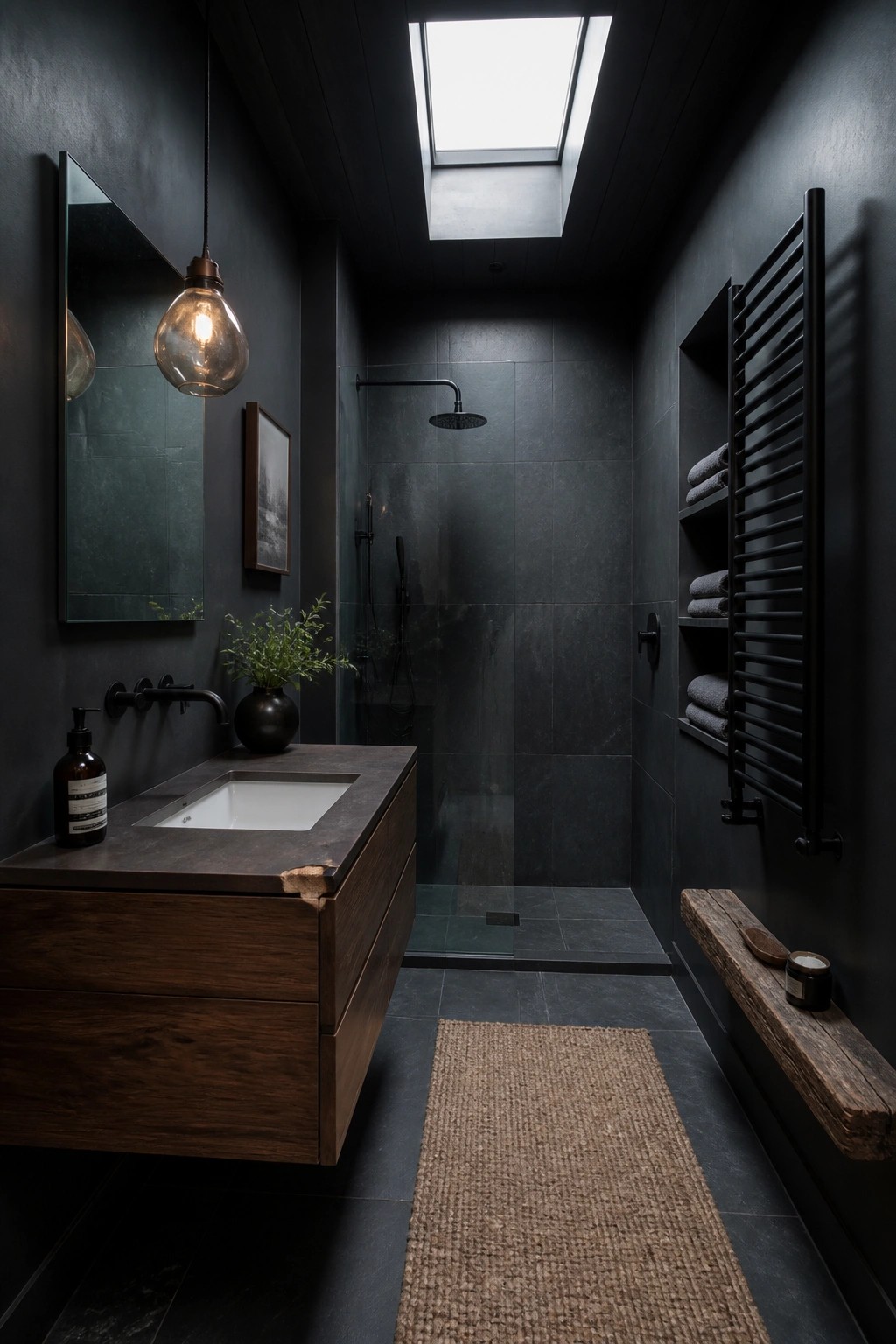 Dark black walls in a modern bathroom with wood vanity and slate tile.