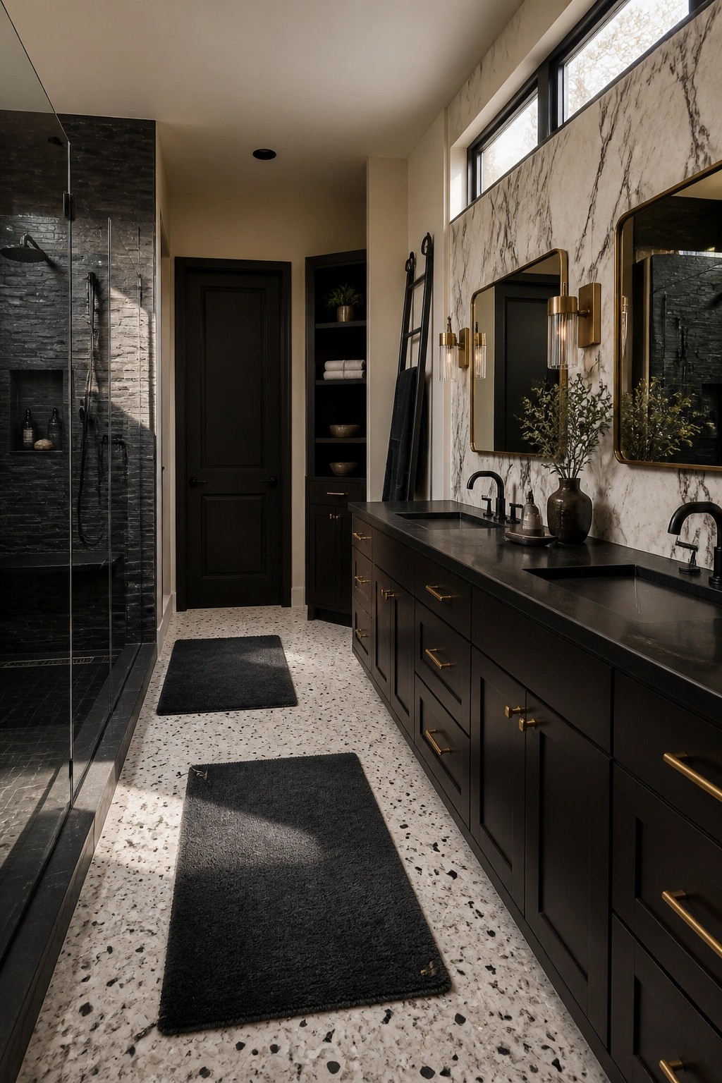 A bathroom vanity and door painted deep black against light walls and marble tile.