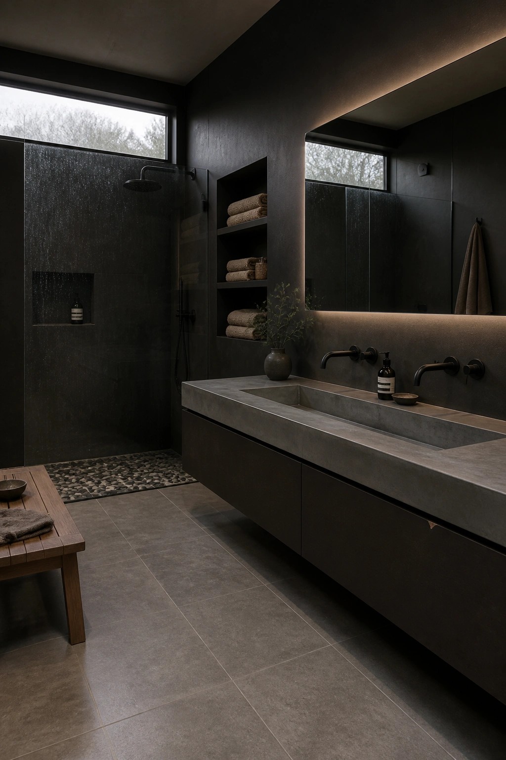 Dark black walls cover a modern bathroom with a long concrete vanity.