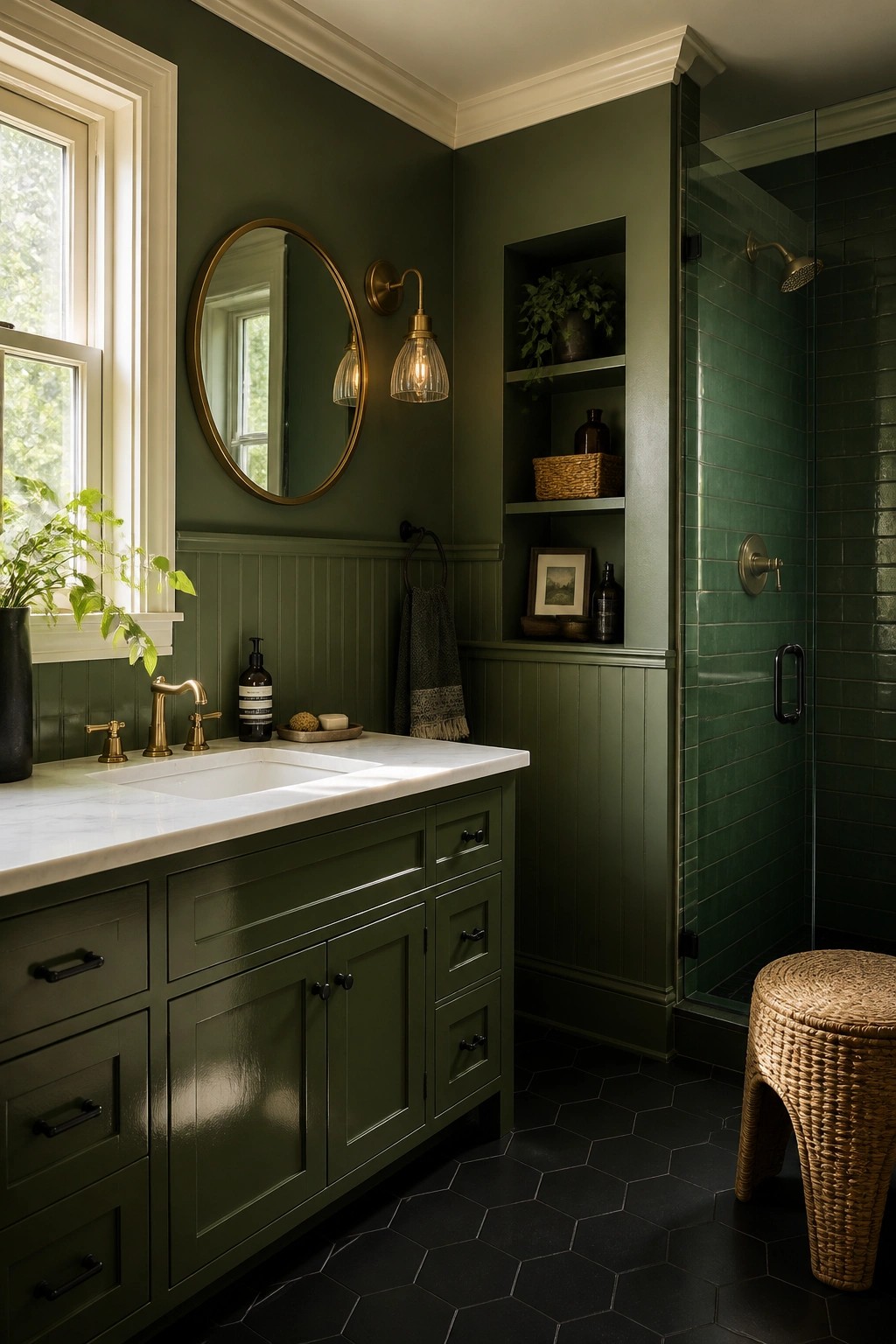 Bathroom with deep forest green walls and matching vanity.