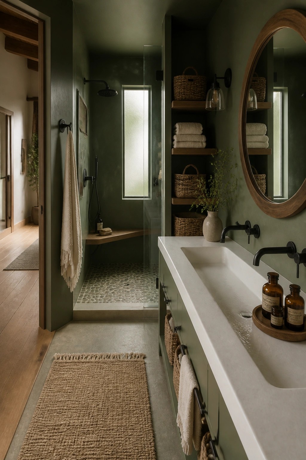 A bathroom with deep green walls, a long white sink, and open wood shelves.