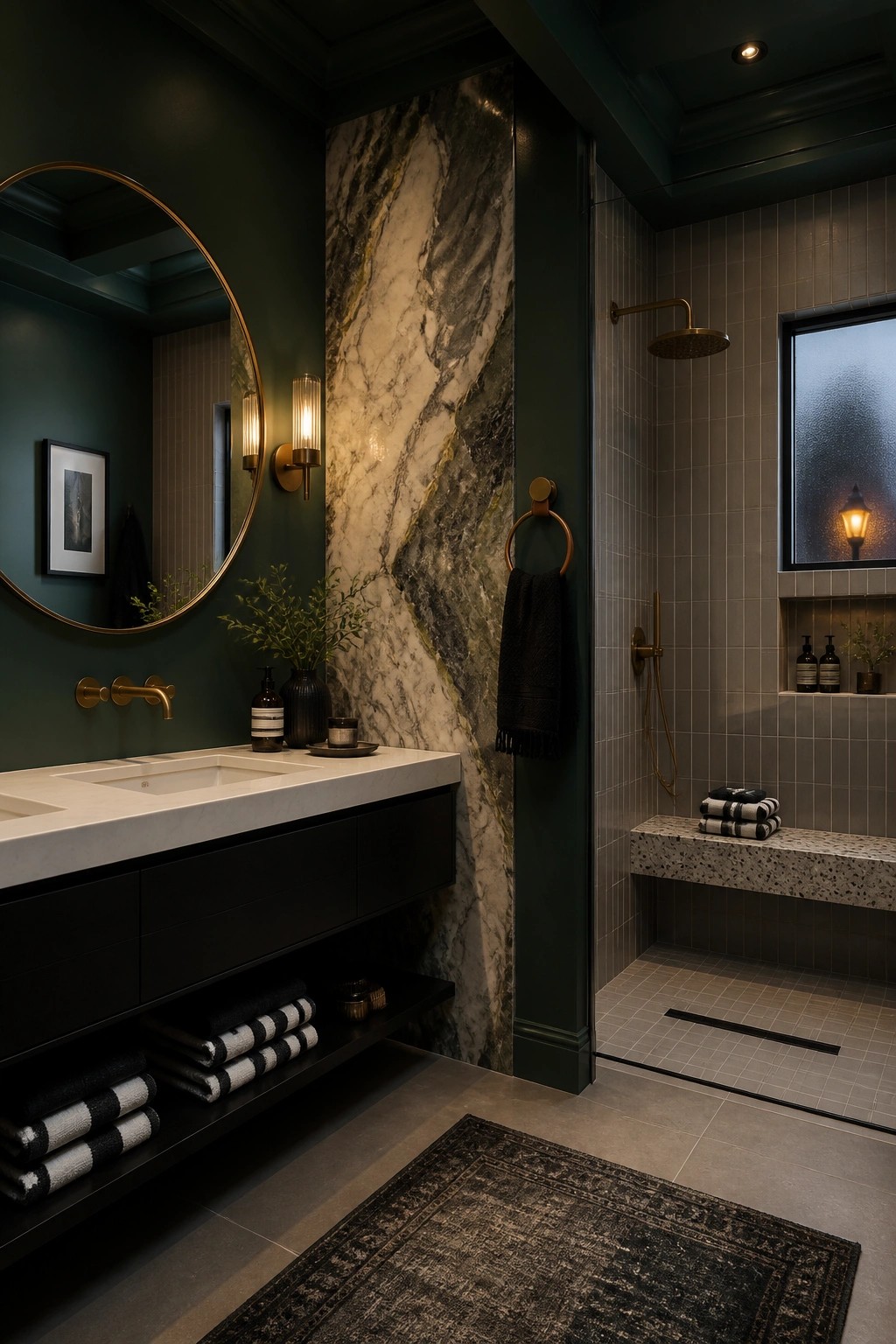 Dark forest green walls in a bathroom with marble and brass fixtures.