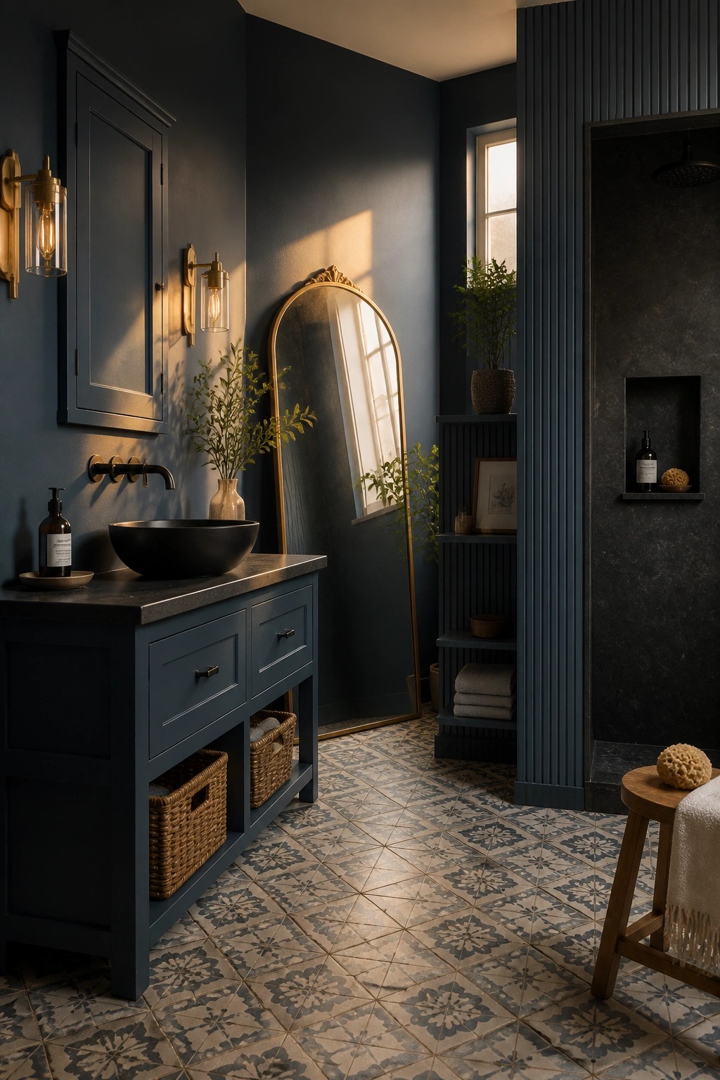 A bathroom featuring deep navy painted walls and matching vanity cabinetry.