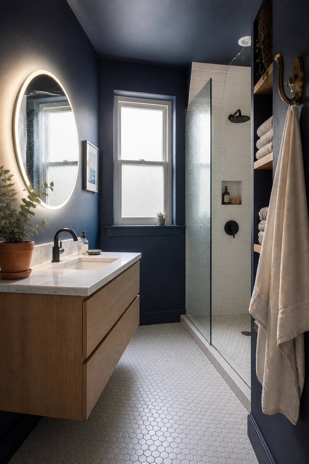 Bathroom with deep navy walls and a wood vanity.