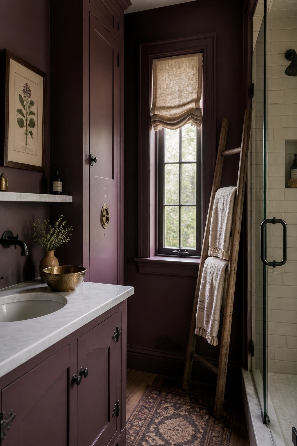 Purple bathroom with marble sink, wooden towel ladder, and window shade.