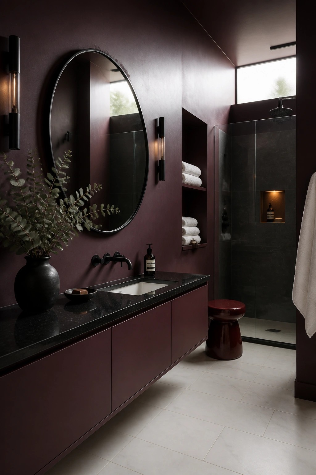 Modern dark purple bathroom with round mirror, black vanity, and glass shower.