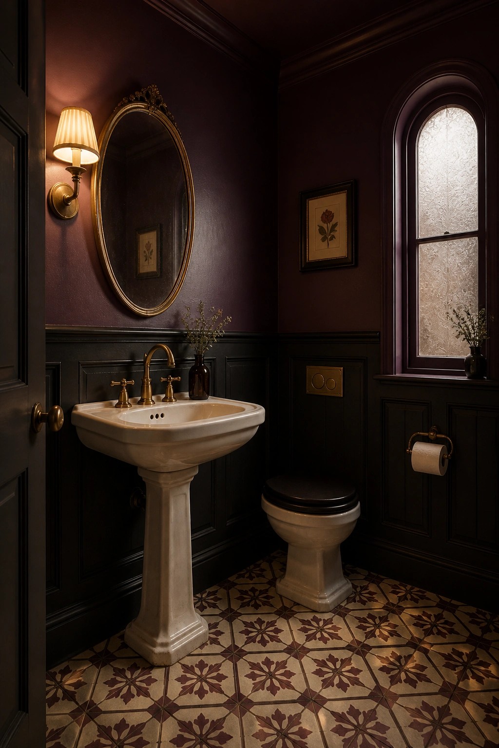 A bathroom with deep plum walls and a white pedestal sink.
