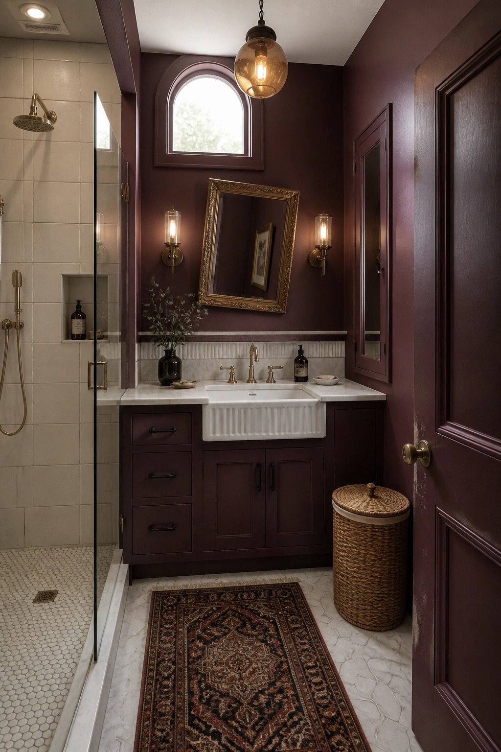 A bathroom with deep plum walls and a white farmhouse sink.