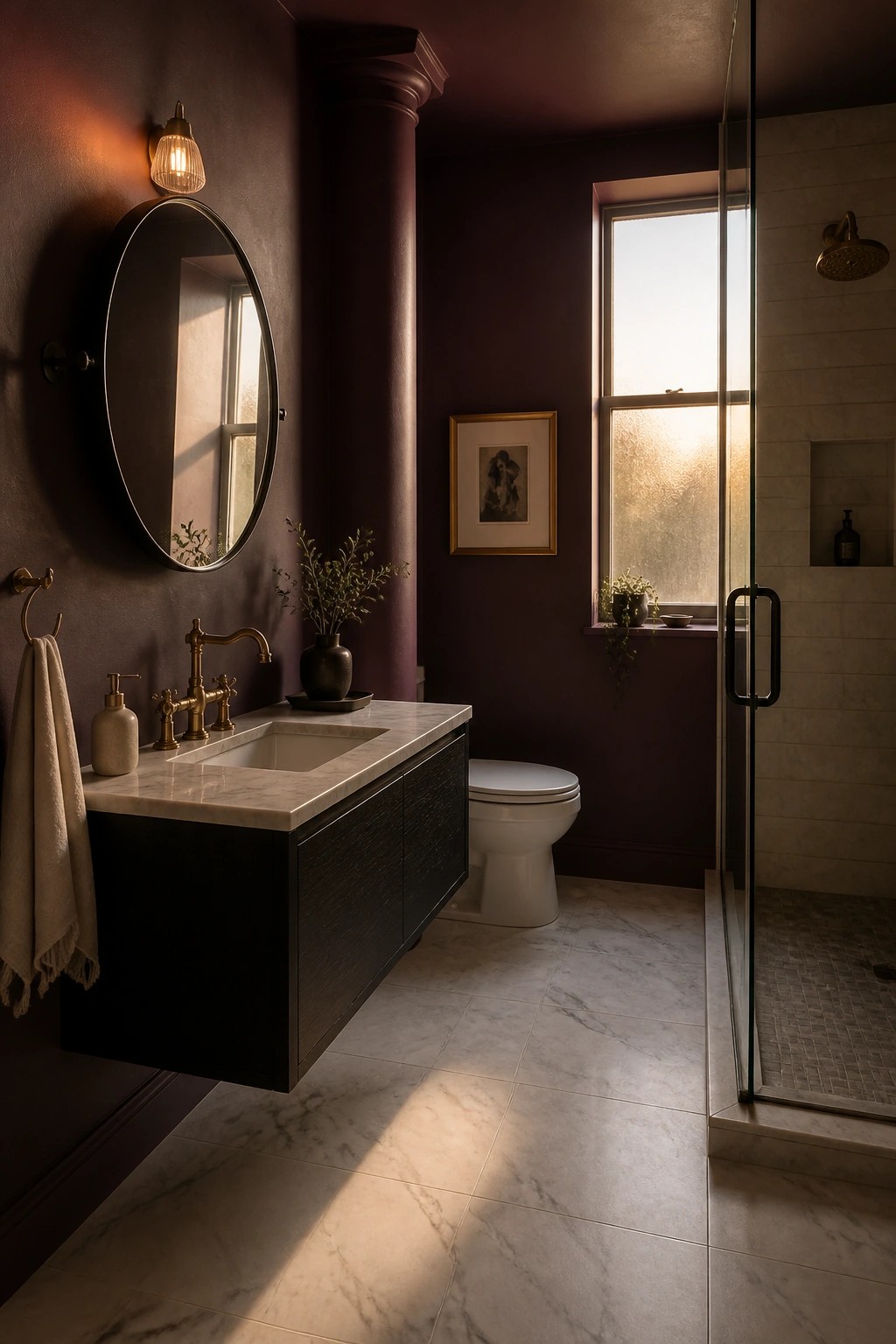 Dark purple bathroom with floating black vanity, round mirror, and glass shower.