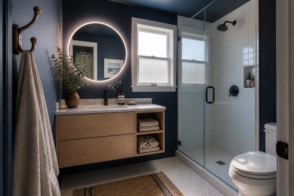 Bathroom with deep navy walls and a wood vanity.