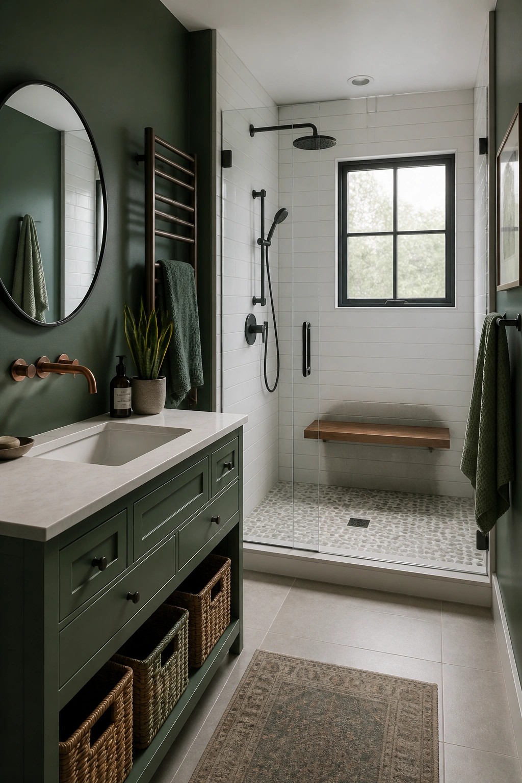 A bathroom with dark forest green walls and a white tiled shower.