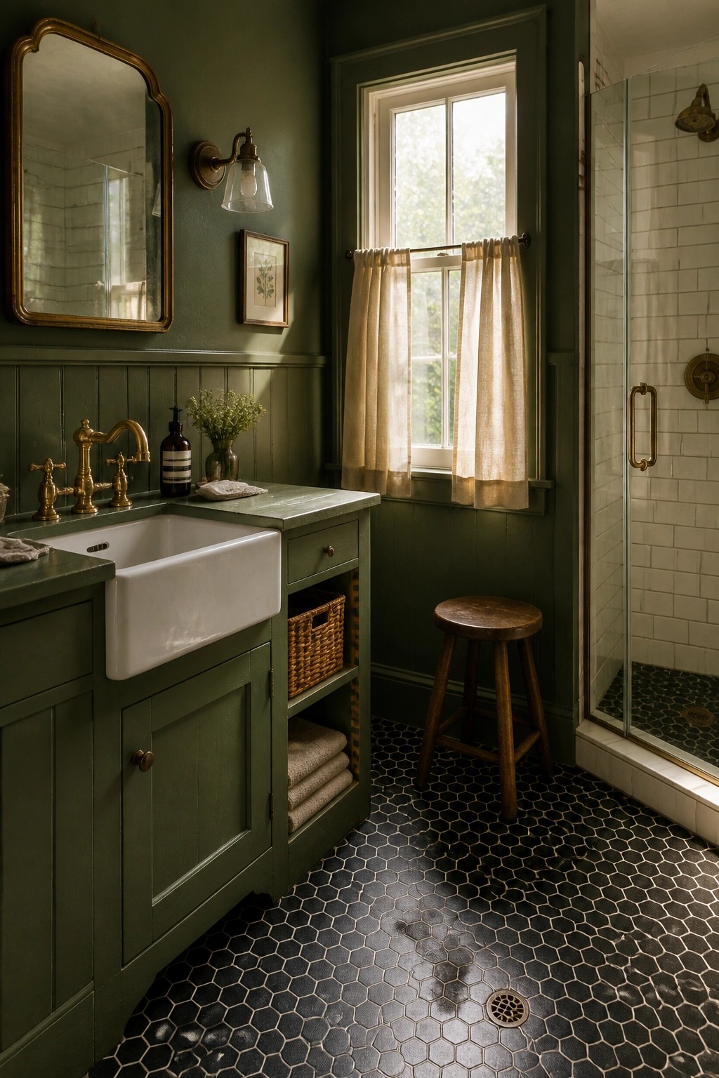A bathroom featuring deep forest green walls and matching cabinetry.