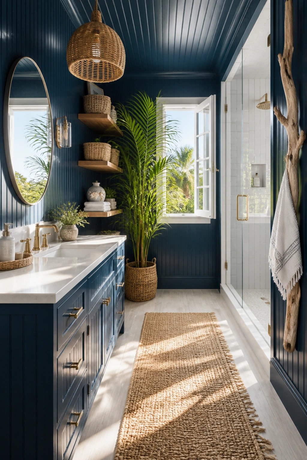 Navy blue bathroom with white marble vanity, woven pendant light, potted palm, and jute rug
